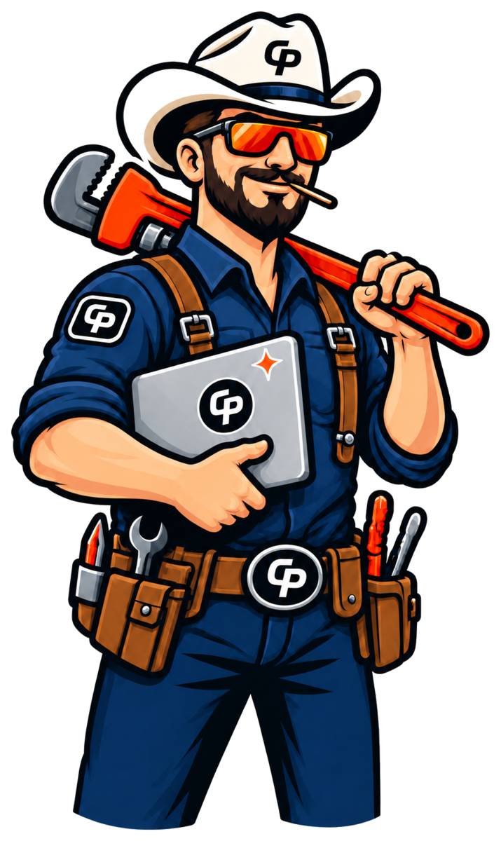 The Computer Plumbers mascot carrying a pipe wrench and laptop